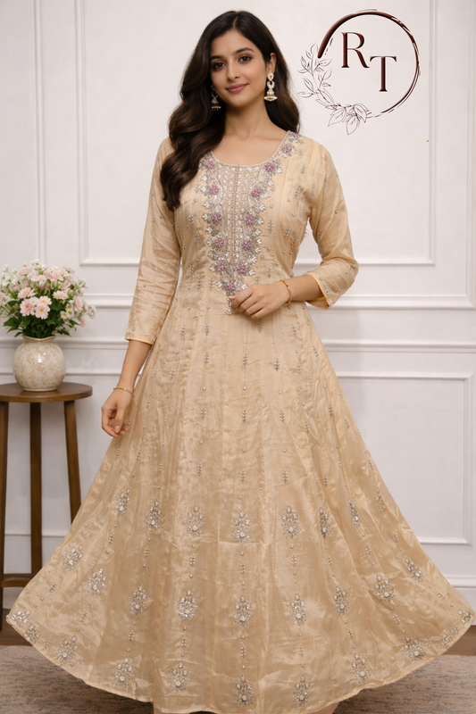 Beige  Chinon Anarkali 3pc Set with Hand Maggam Work 425