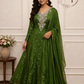 Bright Green Chinon Anarkali 3pc set with Hand MagamWork  365