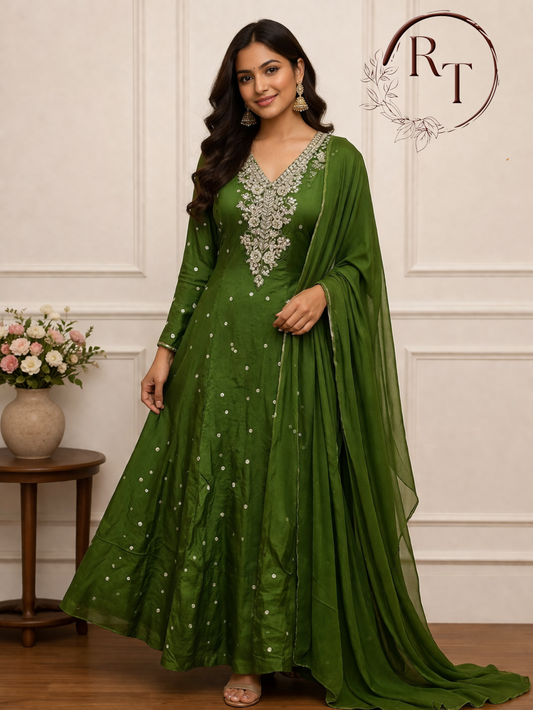 Bright Green Chinon Anarkali 3pc set with Hand MagamWork  365