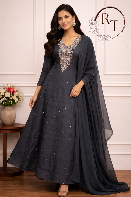 Slate Gray Chinon Anarkali 3pc set with Hand MagamWork  365