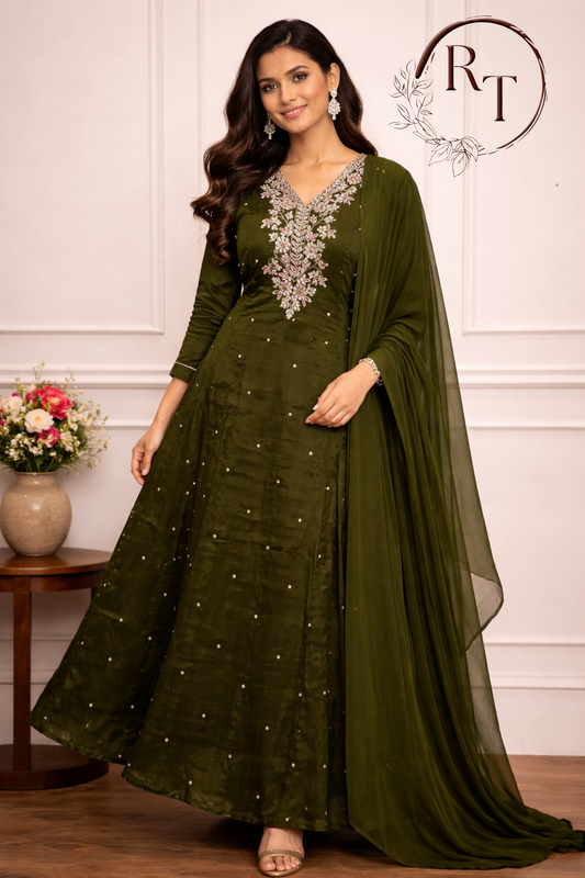 Emerald Green Chinon Anarkali 3pc set with Hand MagamWork  365