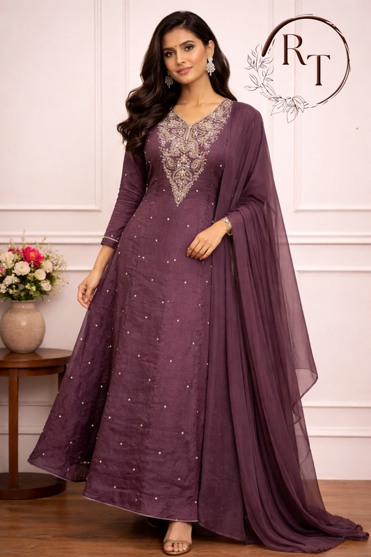 Wine Purple Chinon Anarkali 3pc set with Hand MagamWork  365