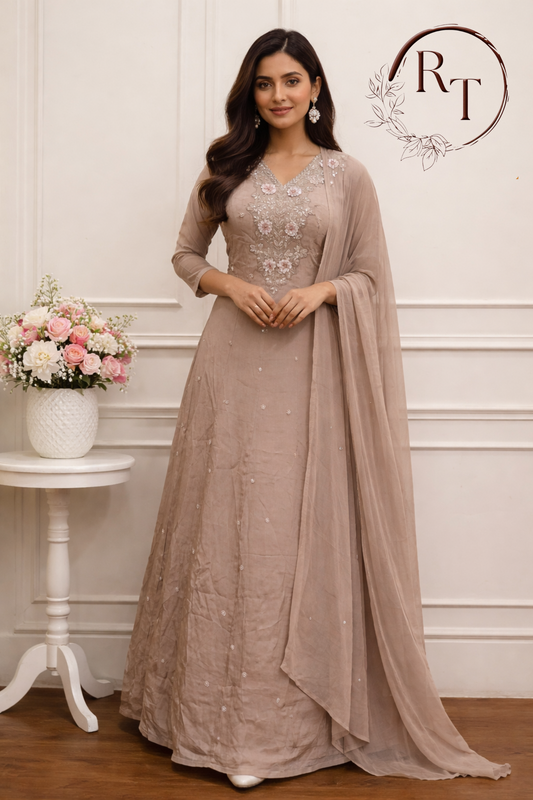 Beige Chinon Anarkali 3pc set with Hand MagamWork  365