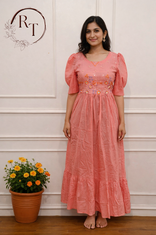 Elegant Peach Cotton Maxi Dress with  Embroidery work 115