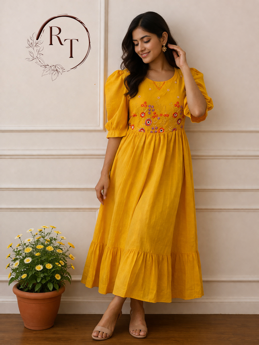 Elegant Mustard Yellow Cotton Maxi Dress with  Embroidery work 115