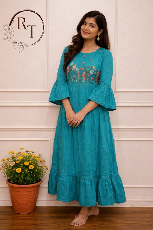 Elegant Teal Blue Cotton Maxi Dress with Embroidery work 135