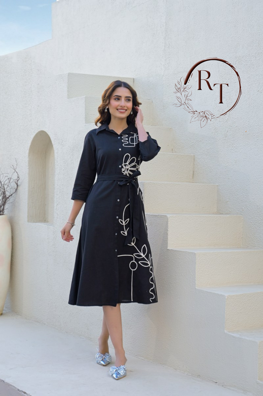 Black Embroidered Bleted Shirt Dress 135