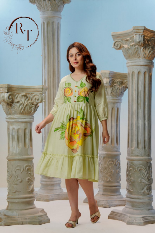 Pastel Green Floral Print Tiered Kurta Dress 135