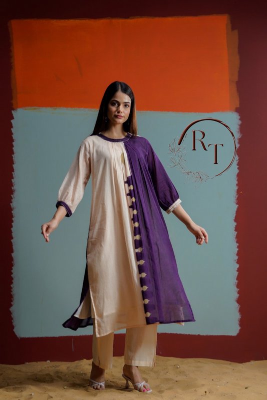 Beige & Purple Color Block Cotton Kurta 2pc Set 165