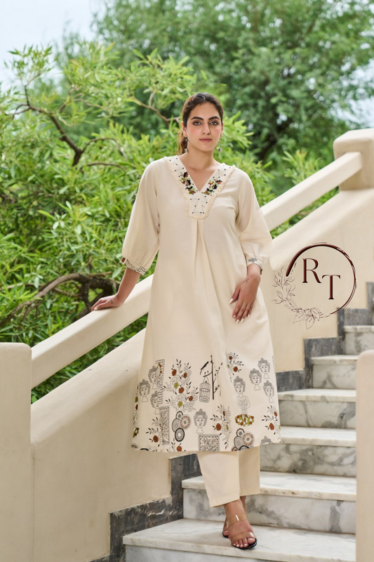 Cream Ethnic Motif Printed Cotton  Kurta 2pc Set 155