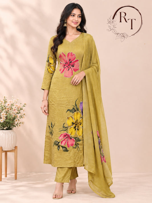 Mustard Bloom – Premium Chinon 3 Piece Suit Set.(RT1488)