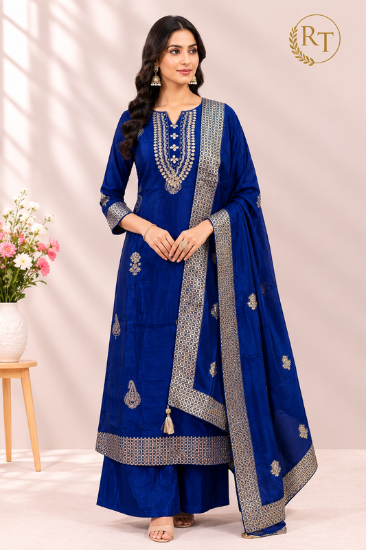 Royal Blue Heritage – Premium Benaras Straight Cut 3 Piece Suit Set (RT1700)