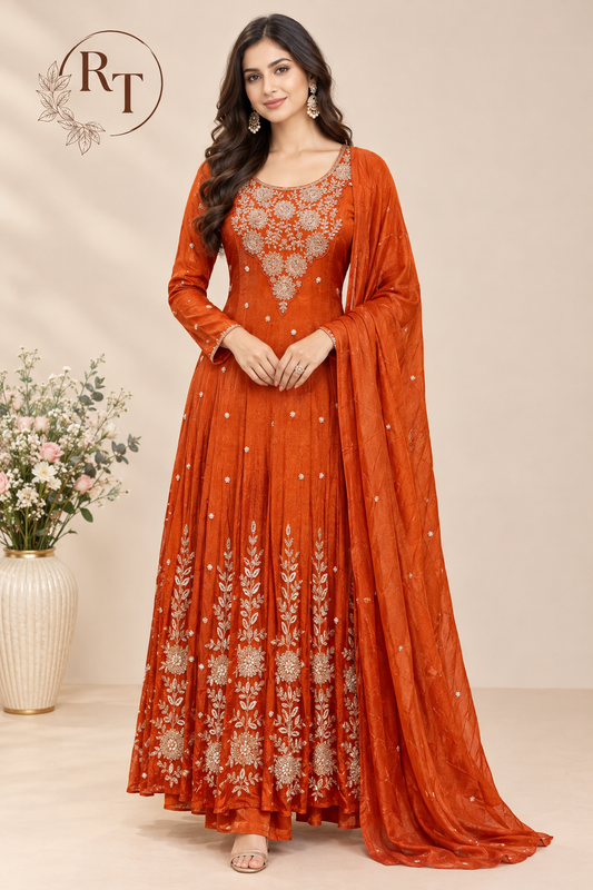 Rust Bloom Chinon Embroidered Anarkali Set (RT1561)