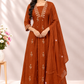 Rust Orange Floral Embroidered Coral Silk A-Line Suit Set (RT1640)