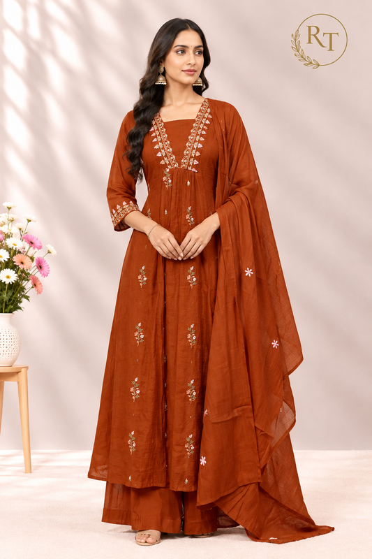 Rust Orange Floral Embroidered Coral Silk A-Line Suit Set (RT1640)