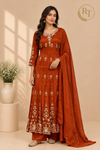 Rust Orange Zari Embroidered Chinon Anarkali Suit Set (RT1589)