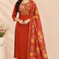 Orange Mull Chanderi Straight Cut 3-Piece Set with Embroidered Yoke & Floral Dupatta (RT1691)