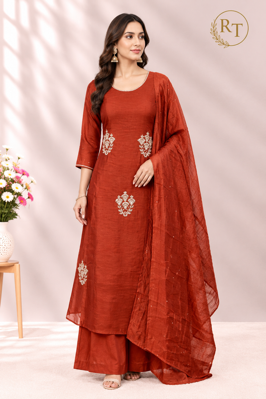Rust Radiance – Premium Mull Chanderi A-Line 3 Piece Suit Set (RT1655)