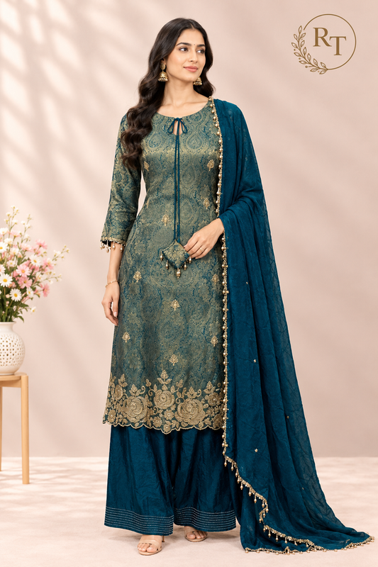 Teal Heritage – Premium Benaras Farsi Salwar Suit Set (RT1578)