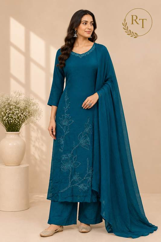 Teal Noor Embroidered Chinon A-Line Suit Set (RT1586)