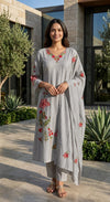 Elegant Grey Floral Mull Chanderi Kurta 3pc Set (RT 1013)