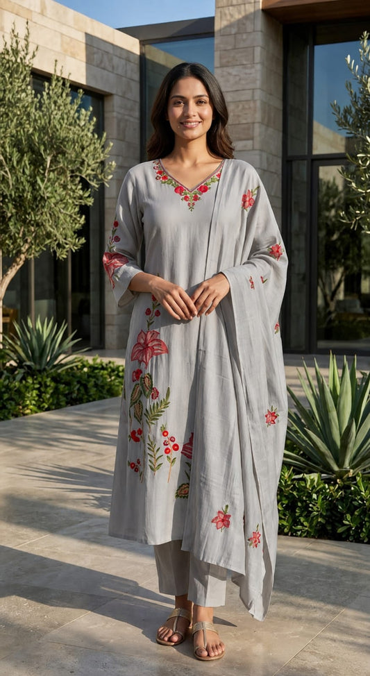 Elegant Grey Floral Mull Chanderi Kurta 3pc Set (RT 1013)