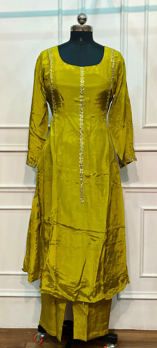 Golden Olive Grace – Premium Butter Crepe 3 Piece Suit Set (XL)