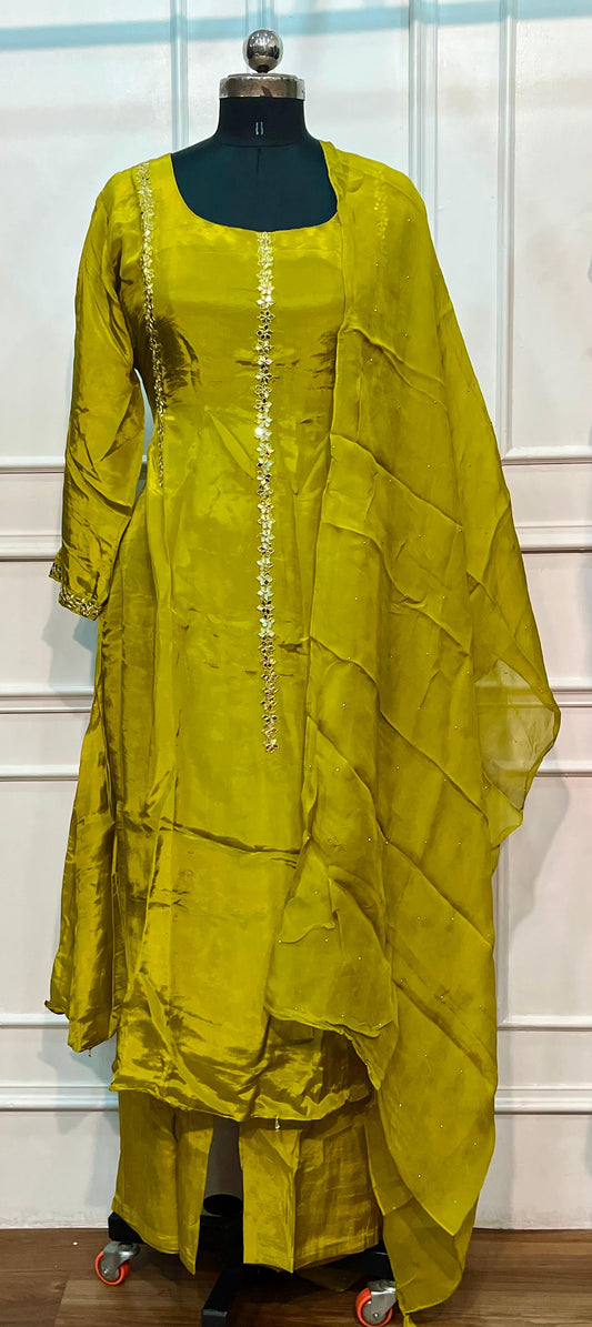 Golden Olive Grace – Premium Butter Crepe 3 Piece Suit Set (XL)