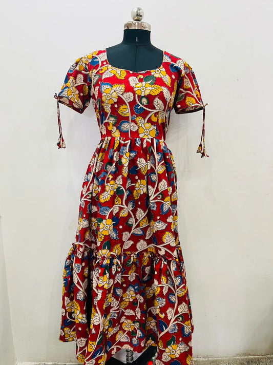 Crimson Bloom Cotton Kalamkari Dress (RT1147)