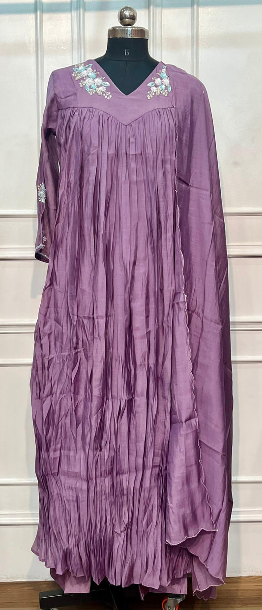 Lavender Mist Mull Chanderi A-Line 3 Piece Suit Set (RT1161)