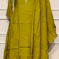 Olive Bloom Mull Chanderi A-Line 3 Piece Suit Set (RT1162)