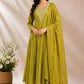 Olive Bloom Mull Chanderi A-Line 3 Piece Suit Set (RT1162)