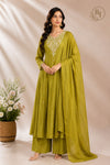 Olive Bloom Mull Chanderi A-Line 3 Piece Suit Set (RT1162)