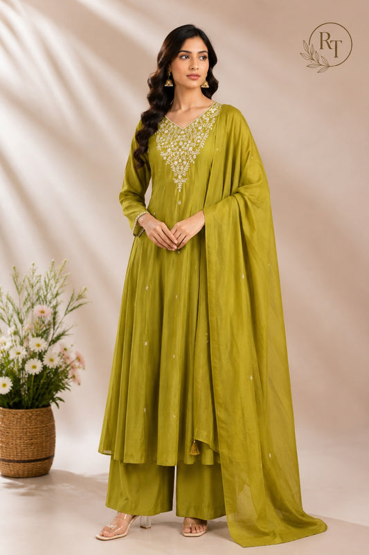 Olive Bloom Mull Chanderi A-Line 3 Piece Suit Set (RT1162)