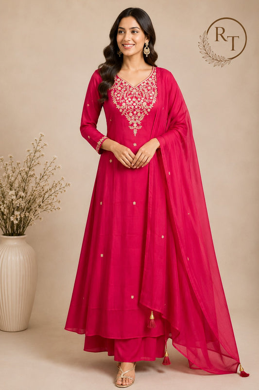Ruby Radiance Mull Chanderi A-Line 3 Piece Suit Set (RT1163)