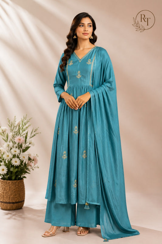 Ocean Mist Mull Chanderi  A-Line Suit Set (RT1164)