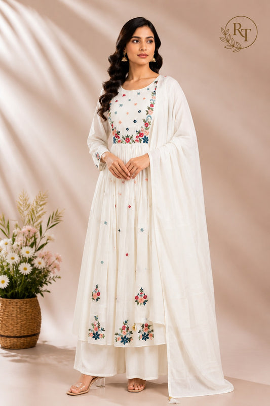 Ivory Blossom Mull Chanderi A-Line Suit Set (RT1167)