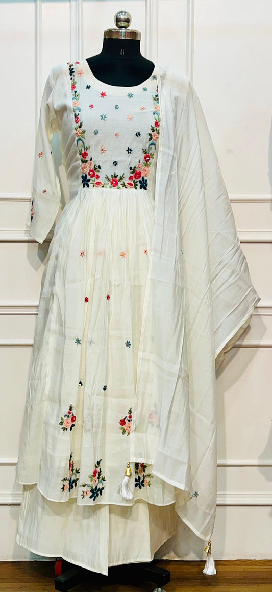 Ivory Blossom Mull Chanderi A-Line Suit Set (RT1167)