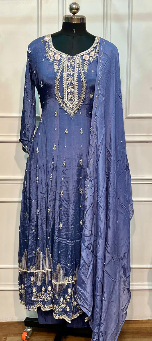 Powder Periwinkle Chinon Embroidered anarkali Suit Set (RT1175)