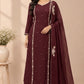 Luxury Wine Floral Embroidered Chinon A-Line Suit Set (RT1482)