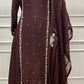 Luxury Wine Floral Embroidered Chinon A-Line Suit Set (RT1482)