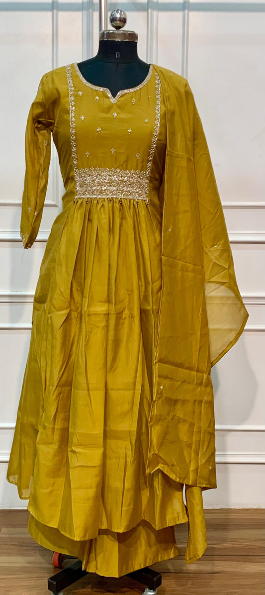 Mustard Glow Mull Chanderi Embroidered A-Line Suit Set (RT1611)