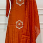 Rust Orange Floral Embroidered Premium Mull Chanderi A-Line Suit Set (RT1601)