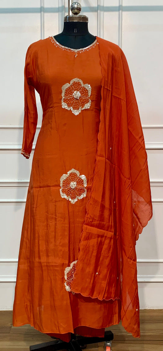 Rust Orange Floral Embroidered Premium Mull Chanderi A-Line Suit Set (RT1601)