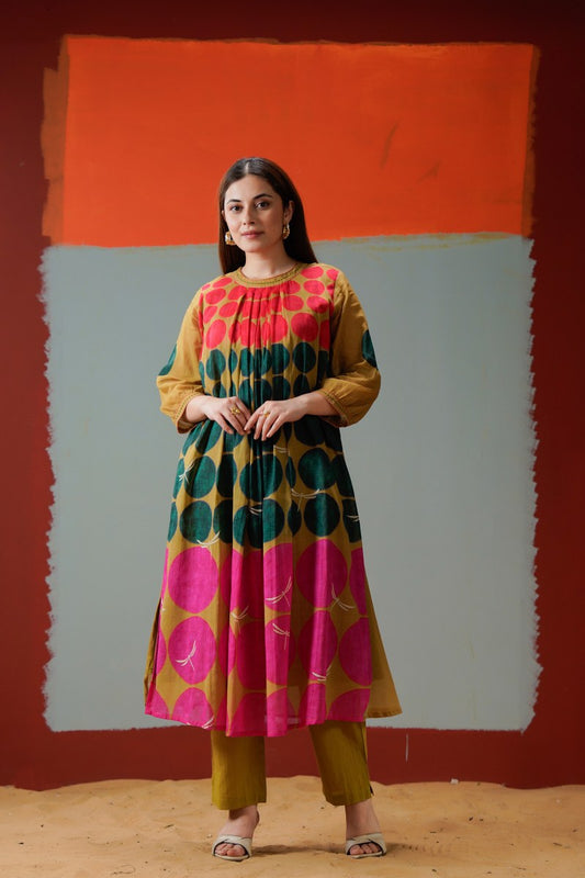 Mustard Multi Polka Dot A-Line Kurta 2pc Set 165