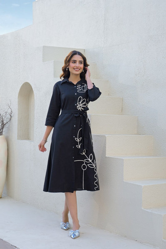 Black Embroidered Bleted Shirt Dress 135