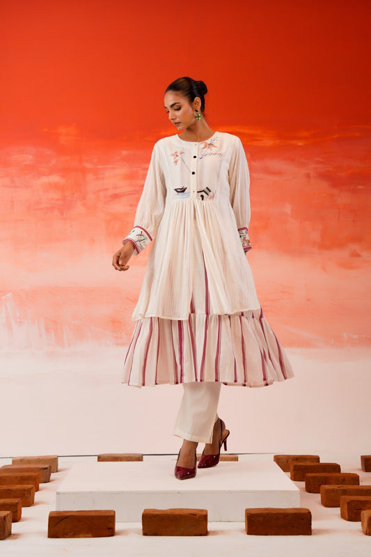 Ivory Elegance Embroidered Tiered Kurta 2pc Set 175