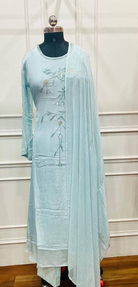 Elegant Sky Blue Chinon Ethnic Suit Set (RT 2004)