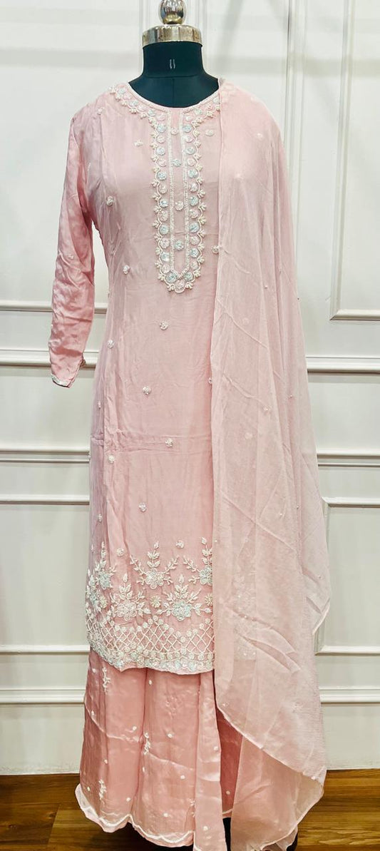 Blush Pink Chinon Embroidered Kurta Palazzo Set (RT 2005)