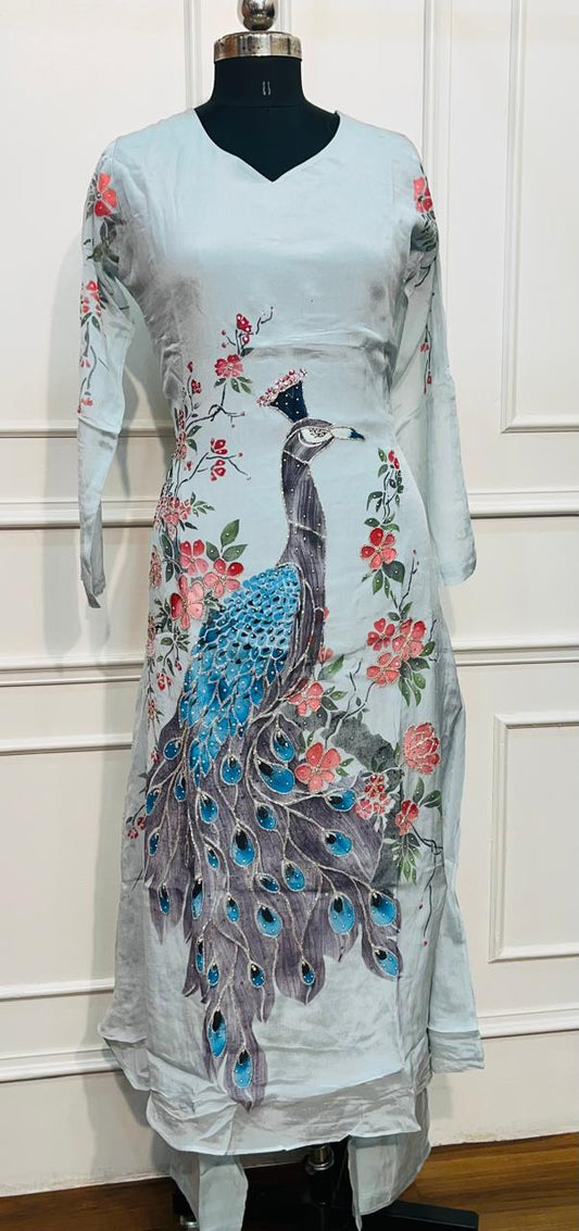 Peacock Bloom Chinon Kurta Set (RT 2009)